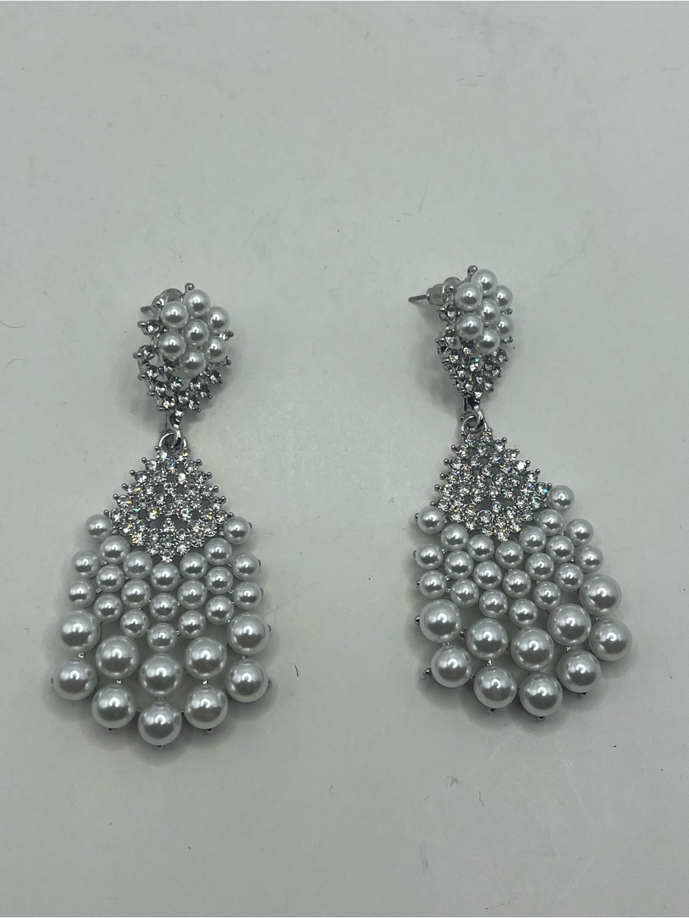 Silver Pearl & Rhinestone Drop Earrings - Women Jewelry